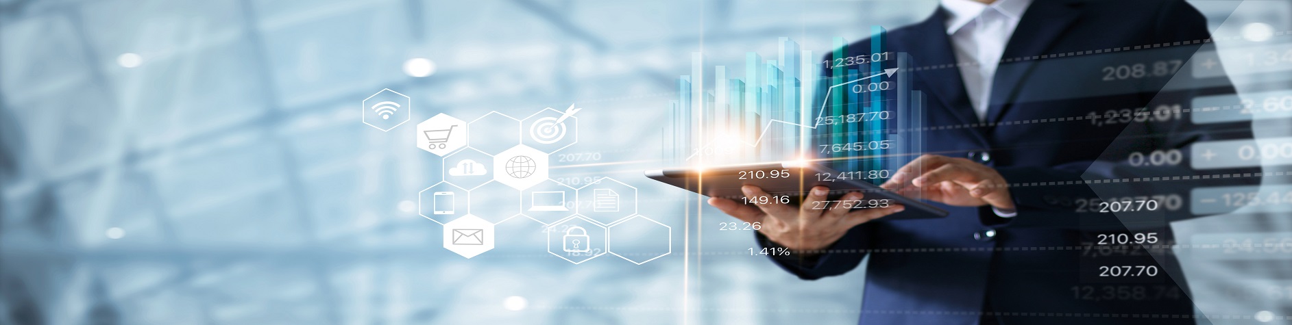 Businessman using tablet analyzing sales data and economic growth graph chart. Business strategy. Abstract icon. Digital marketing.